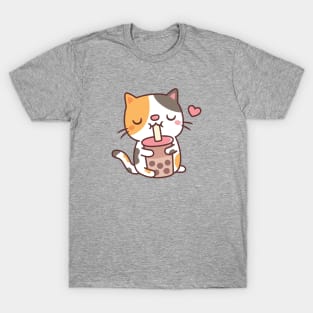 Cute Calico Cat Loves Drinking Boba Tea T-Shirt